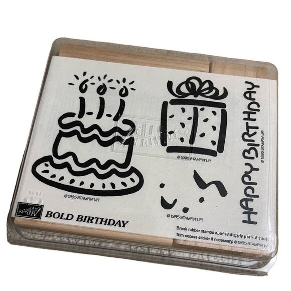 Stampin’ Up 1995 Retired Bold Birthday Rubber Stamp Cake Present Card Making NWT - Picture 1 of 7